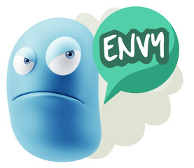 3d Illustration Angry Face Emoticon saying Envy with Colorful Sp