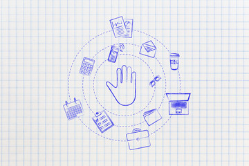 hand making a stop gesture surrounded by spinning office objects - obrazy, fototapety, plakaty