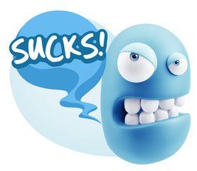 3d Illustration Angry Face Emoticon saying Sucks with Colorful S