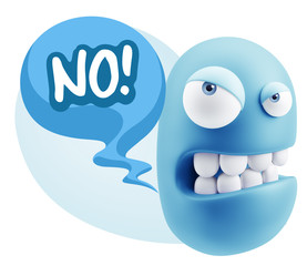 3d Illustration Angry Face Emoticon saying No with Colorful Spee