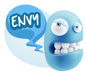 3d Illustration Angry Face Emoticon saying Envy with Colorful Sp