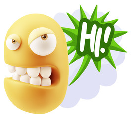 3d Illustration Angry Face Emoticon saying Hi with Colorful Spee