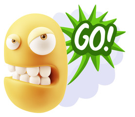 3d Illustration Angry Face Emoticon saying Go with Colorful Spee