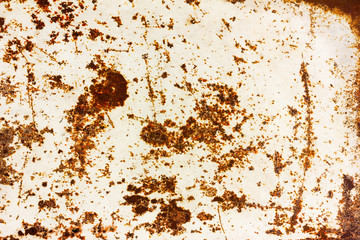 grunge background texture of painted white iron with rust spots