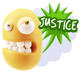 3d Illustration Angry Face Emoticon saying Justice with Colorful