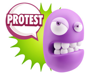 3d Illustration Angry Face Emoticon saying Protest with Colorful