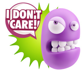 3d Illustration Angry Face Emoticon saying I Don't Care with Col