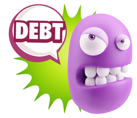 3d Illustration Angry Face Emoticon saying Debt with Colorful Sp