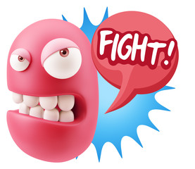 3d Illustration Angry Face Emoticon saying Fight with Colorful S