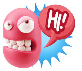 3d Illustration Angry Face Emoticon saying Hi with Colorful Spee