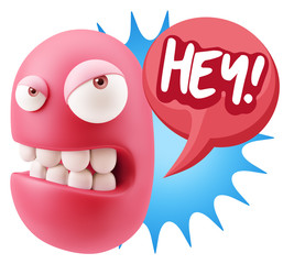 3d Illustration Angry Face Emoticon saying Hey with Colorful Spe