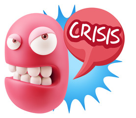 3d Illustration Angry Face Emoticon saying Crisis with Colorful