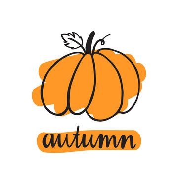 inscription "autumn" with pumpkin. The inscription  hand-drawing of black ink on a white background. Vector Image. It can be used for a site, article, invitation cards, brochures.