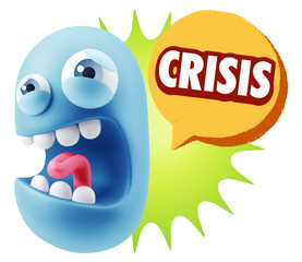 3d Illustration Angry Face Emoticon saying Crisis with Colorful