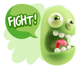3d Illustration Angry Face Emoticon saying Fight with Colorful S