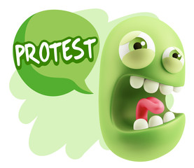 3d Illustration Angry Face Emoticon saying Protest with Colorful