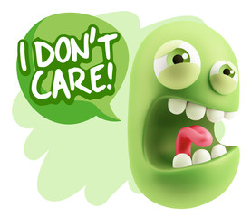 3d Illustration Angry Face Emoticon saying I Don't Care with Col