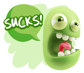 3d Illustration Angry Face Emoticon saying Sucks with Colorful S