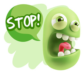 3d Illustration Angry Face Emoticon saying Stop with Colorful Sp