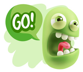3d Illustration Angry Face Emoticon saying Go with Colorful Spee