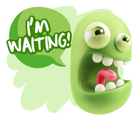 3d Illustration Angry Face Emoticon saying I'm Waiting with Colo