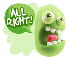 3d Illustration Angry Face Emoticon saying All Right with Colorf
