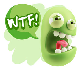 3d Illustration Angry Face Emoticon saying WTF with Colorful Spe