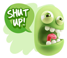 3d Illustration Angry Face Emoticon saying Shut Up with Colorful