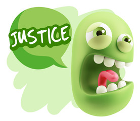 3d Illustration Angry Face Emoticon saying Justice with Colorful