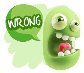 3d Illustration Angry Face Emoticon saying Wrong with Colorful S