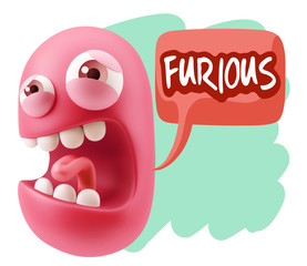 3d Illustration Angry Face Emoticon saying Furious with Colorful