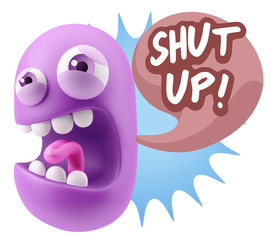 3d Illustration Angry Face Emoticon saying Shut Up with Colorful