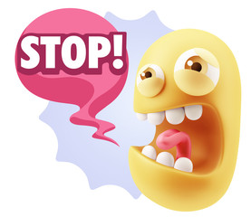 3d Illustration Angry Face Emoticon saying Stop with Colorful Sp