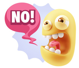 3d Illustration Angry Face Emoticon saying No with Colorful Spee