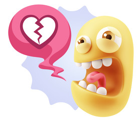 3d Illustration Angry Face Emoticon saying Heart Broken Icon wit