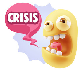 3d Illustration Angry Face Emoticon saying Crisis with Colorful
