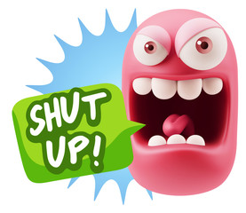 3d Illustration Angry Face Emoticon saying Shut Up with Colorful