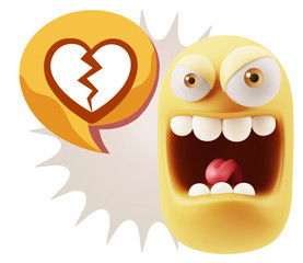 3d Illustration Angry Face Emoticon saying Heart Broken Icon wit