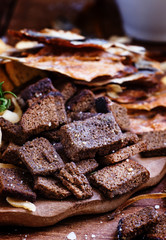 Dried crust from black rye bread with salt and spices, beer snac