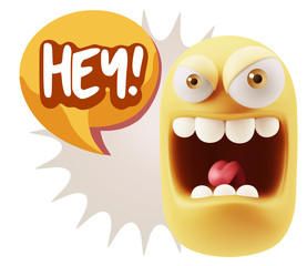 3d Illustration Angry Face Emoticon saying Hey with Colorful Spe