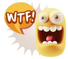 3d Illustration Angry Face Emoticon saying WTF with Colorful Spe