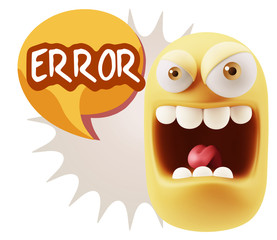 3d Illustration Angry Face Emoticon saying Error with Colorful S