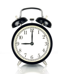 Alarm Clock isolated on white, in black and white, nine o'clock.