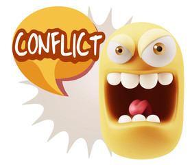 3d Illustration Angry Face Emoticon saying Conflict with Colorfu