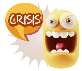 3d Illustration Angry Face Emoticon saying Crisis with Colorful