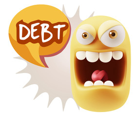 3d Illustration Angry Face Emoticon saying Debt with Colorful Sp