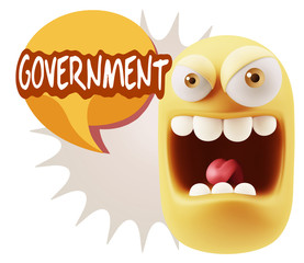 3d Illustration Angry Face Emoticon saying Government with Color