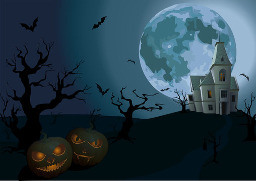 Halloween night: full moon, beautiful castle chateau, carved sca