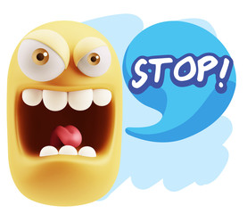 3d Illustration Angry Face Emoticon saying Stop with Colorful Sp