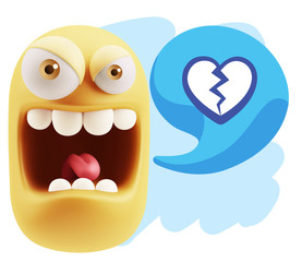 3d Illustration Angry Face Emoticon saying Heart Broken Icon wit